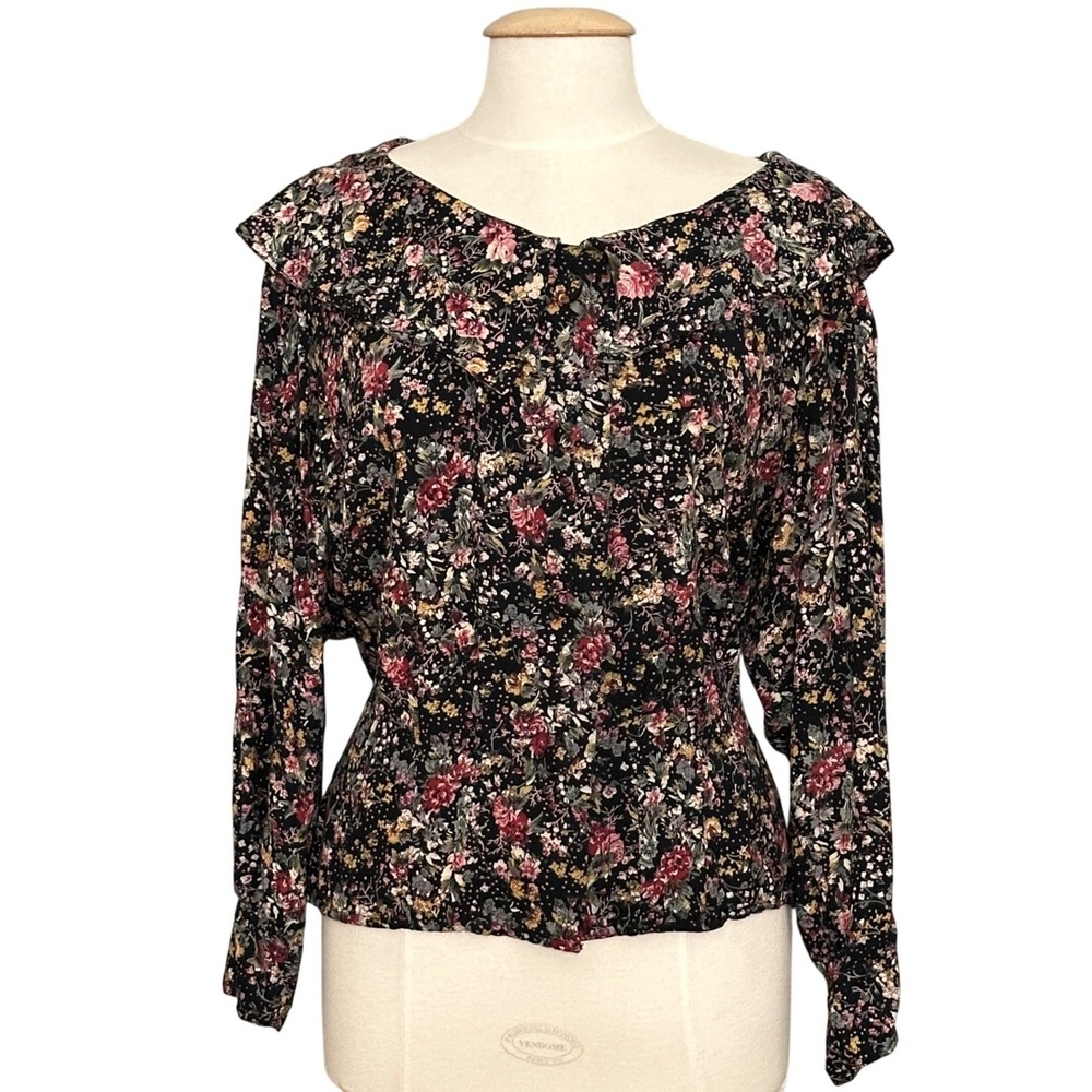 VTG 80s 90s Cottagecore Prairie Womens Top L Black Floral Romantic Victorian